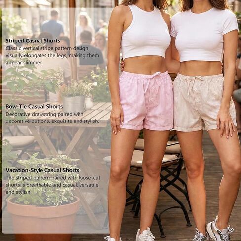 Women's A Line Shorts Elastic Waist Drawstring Two Piece Set Vertical Stripe Relaxed Fit Versatile Casual in Saudi Arabia