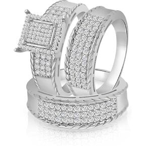 مجموعة خواتم زفاف ثلاثية مطلية بالذهب الأبيض عيار 10 قيراط على شكل نجمة أرجوانية له ولها مجموعة قلب ألماس مستديرة (1/2 قيراط) in Kuwait