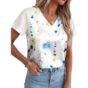 Funlingo Womens Silk Satin Tops Summer Color Block Short Sleeve Blouses V Neck Graphic T Shirts Trendy Vacations Outfits 2026 in Kuwait