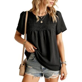 ROYLAMP Summer Boho Tops Crewneck Short Sleeve Shirts Casual Chiffon Blouses Flowy Lace Trim Swiss Dots Clothing Trendy 2026 in Saudi Arabia