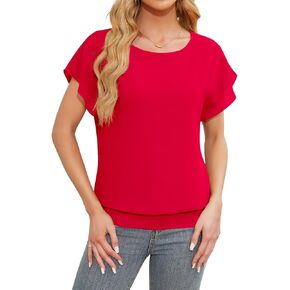 بلوزة شيفون صيفية للسيدات، بلوزة فضفاضة بأكمام قصيرة وجناح الخفاش كاجوال أنيقة in Kuwait