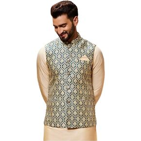 KISAH Men's Nehru Jacket, Blue Silk Blend, Woven Design Regular Fit Mandarin Collar Sleeveless in Saudi Arabia