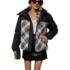 XULIKU Women Double-sided Quilted Lightweight Puffer Jacket Hooded, Fall Spring Plaid Patchwork Style Zip Up Coat Hip Length in Kuwait