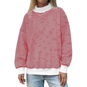 سويت شيرت نسائي مخطط كبير الحجم بياقة مدورة من القطن بلوفر بأكمام طويلة ملابس ربيع الخريف in Kuwait