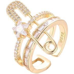 Safety Pin Ring for Women Cubic Zirconia Rings Chunky Open Rings Fashion Gold/Silver Plated Ring Hypoallergenic Stackable Rings Shine Star Crystal Rings for Women Gift in Saudi Arabia