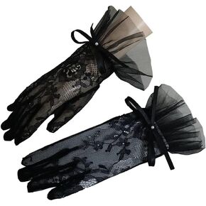 Short Lace Bridal Gloves for Wedding Tea Party Ruffle Bow Pearl Evening Prom Mesh Gloves for Women in Saudi Arabia