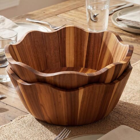 2 Pcs Scalloped Decorative Wooden Bowl 12 Inch Acacia Wood Fruit & Serving Bowl Handcrafted Rustic Decorative Bowls for Fruit, Salad, Snacks and Home Kitchen Counter Decor Wedding Decor in Saudi Arabia