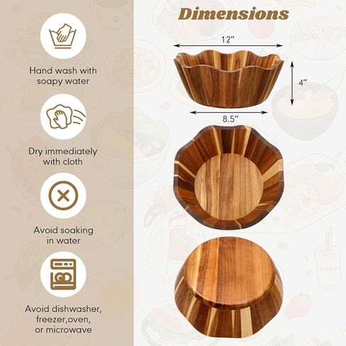 2 Pcs Scalloped Decorative Wooden Bowl 12 Inch Acacia Wood Fruit & Serving Bowl Handcrafted Rustic Decorative Bowls for Fruit, Salad, Snacks and Home Kitchen Counter Decor Wedding Decor in Saudi Arabia