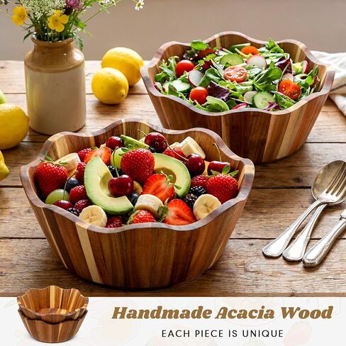 2 Pcs Scalloped Decorative Wooden Bowl 12 Inch Acacia Wood Fruit & Serving Bowl Handcrafted Rustic Decorative Bowls for Fruit, Salad, Snacks and Home Kitchen Counter Decor Wedding Decor in Saudi Arabia