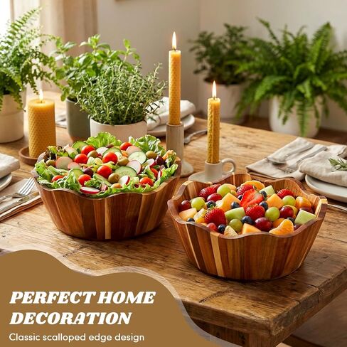 2 Pcs Scalloped Decorative Wooden Bowl 12 Inch Acacia Wood Fruit & Serving Bowl Handcrafted Rustic Decorative Bowls for Fruit, Salad, Snacks and Home Kitchen Counter Decor Wedding Decor in Saudi Arabia