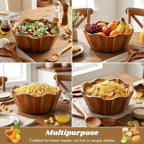 2 Pcs Scalloped Decorative Wooden Bowl 12 Inch Acacia Wood Fruit & Serving Bowl Handcrafted Rustic Decorative Bowls for Fruit, Salad, Snacks and Home Kitchen Counter Decor Wedding Decor in Saudi Arabia