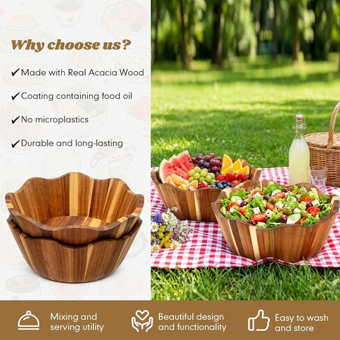 2 Pcs Scalloped Decorative Wooden Bowl 12 Inch Acacia Wood Fruit & Serving Bowl Handcrafted Rustic Decorative Bowls for Fruit, Salad, Snacks and Home Kitchen Counter Decor Wedding Decor in Saudi Arabia