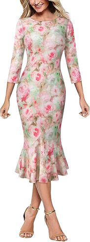 VFSHOW Womens Elegant Vintage Cocktail Party Bodycon Sheath Mermaid Midi Dress Slim Fitted Retro Wedding Guest Semi-Formal Mid-Calf Fishtail Dress (Hot Pink, Small) 6832 HPIK S in Saudi Arabia