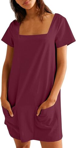 Womens Summer Dresses with Pockets Sexy Square Neck Short Sleeve T Shirt Dress Loose fit Flowy Mini Dress Y2k Clothes in Saudi Arabia