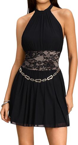 Women's Summer Sexy Halter Sleeveless Ruched Mesh Lace Patchwork Double Layer A-Line Mini Dress in Saudi Arabia