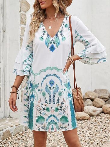 Women V Neck Printed Dress Bell Sleeve Short Dress Casual Novelty Style Loose Silhouette for Daily and Social Wear in Saudi Arabia