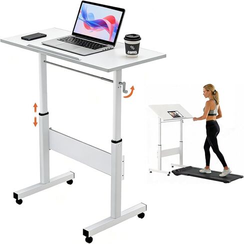 Hand Crank Small Standing Desk, Adjustable Height 27.76-40", Tiltable Tabletop with Wheels, Portable Laptop Computer Table, Rolling Podium Mobile Stand Up Desk for Walking Pad Treadmill, Home Office in Saudi Arabia