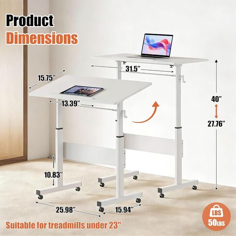 Hand Crank Small Standing Desk, Adjustable Height 27.76-40", Tiltable Tabletop with Wheels, Portable Laptop Computer Table, Rolling Podium Mobile Stand Up Desk for Walking Pad Treadmill, Home Office in Saudi Arabia