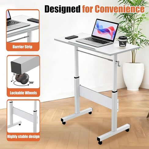 Hand Crank Small Standing Desk, Adjustable Height 27.76-40", Tiltable Tabletop with Wheels, Portable Laptop Computer Table, Rolling Podium Mobile Stand Up Desk for Walking Pad Treadmill, Home Office in Saudi Arabia