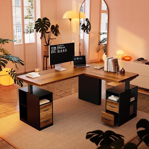 HUANUO 63 Inch L Shaped Standing Desk, Electric Executive Height Adjustable Desk with Storage Drawers, Reversible Design Computer Workstation for Home Office, Black Walnut in Saudi Arabia