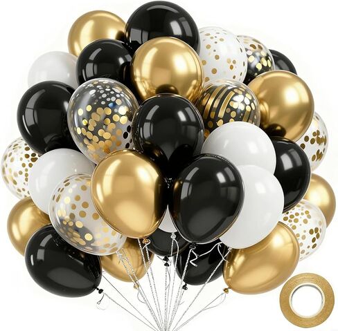 بالونات سوداء وذهبية - 60 قطعة بالونات بيضاء لؤلؤية ومعدنية مقاس 30.48 سم لحفلات الزفاف وأعياد الميلاد وحفلات استقبال المولود الجديد (20 أسود، 20 أبيض، 10 ذهبي، 10 قصاصات) in Kuwait