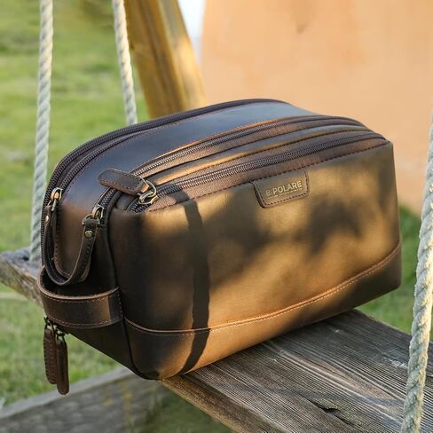 Polare Full Grain Leather Toiletry Bag for Men Large Travel Cosmetic Case Dopp Kit Shaving Kit Wash Pouch with YKK Zippers in Kuwait