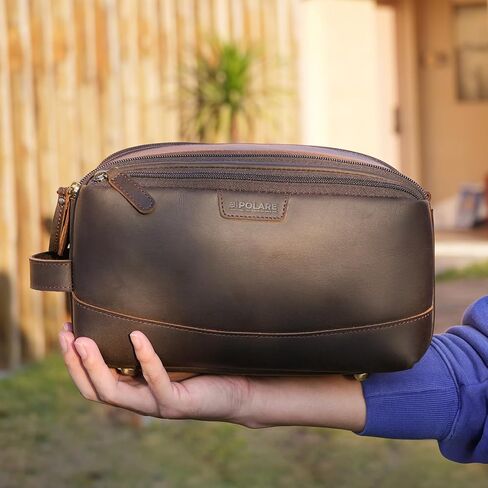 Polare Full Grain Leather Toiletry Bag for Men Large Travel Cosmetic Case Dopp Kit Shaving Kit Wash Pouch with YKK Zippers in Kuwait