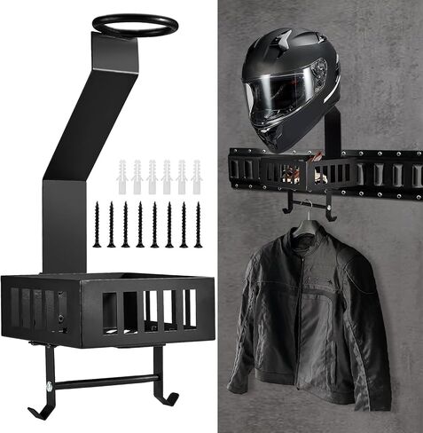 حامل خوذة الدراجة النارية E Track مع صينية وخطافات، حامل خوذة عالمي مثبت على الحائط للجراج أو ورشة العمل in Kuwait