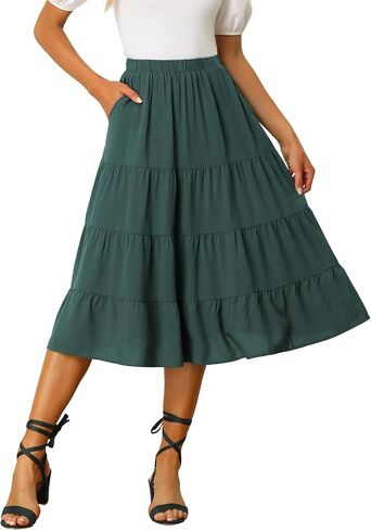 Allegra K Women's Midi Skirts Solid Elastic Waist Flare Tiered Long A-Line Skirt with Pockets in Saudi Arabia