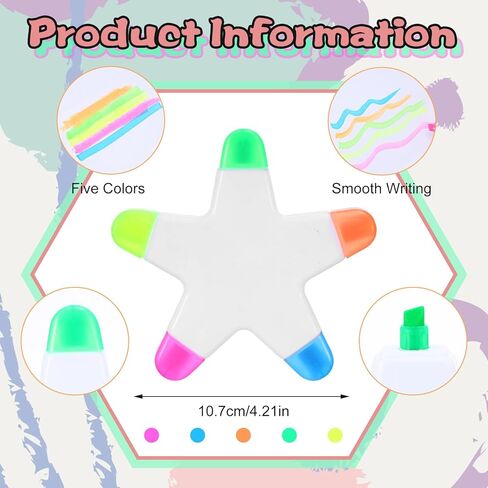 24 Pcs Star Highlighters Bulk 5-in-1 Highlighters Assorted Colors Creative Star Shape Watercolor Fluorescent Pens Office Travel Aesthetic Stationery Supplies in Saudi Arabia