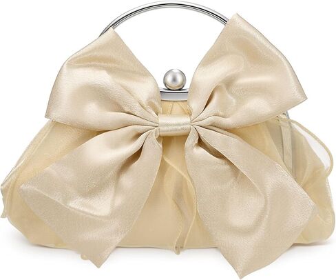 Bow Evening Bag Clutch Purse for Women, Satin Silk Wedding Purse W/Ring Handle for Formal Bride, White in Saudi Arabia