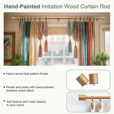 Boho Natural Wood Curtain Rods for Windows 28 to 48 inch 1" Adjustable Heavy Duty Curtain Rod with Handmade Wood Grain Design Decorative Drapery Rods for Living Room Bedroom Outdoor in Saudi Arabia
