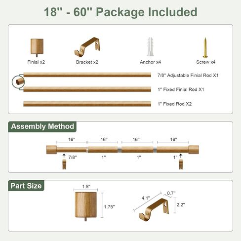 Boho Natural Wood Curtain Rods for Windows 28 to 48 inch 1" Adjustable Heavy Duty Curtain Rod with Handmade Wood Grain Design Decorative Drapery Rods for Living Room Bedroom Outdoor in Saudi Arabia