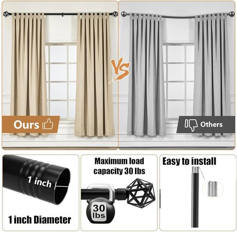 Curtain Rods for Windows 48 to 84Inch, Telescoping Splicing Single Rods, Easy Install, Adjustable Length Curtain Rod for Outdoor, Farmhouse, Bedroom, Kitchen, Living Room, Black in Saudi Arabia