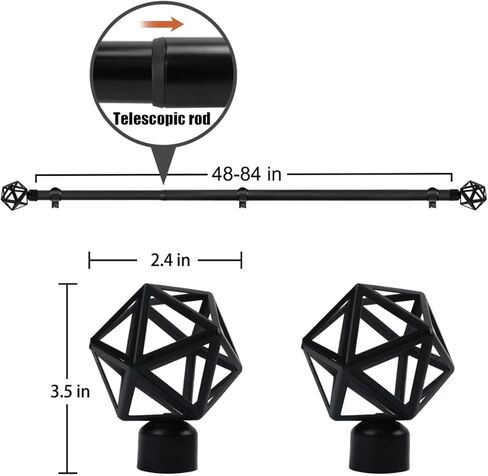Curtain Rods for Windows 48 to 84Inch, Telescoping Splicing Single Rods, Easy Install, Adjustable Length Curtain Rod for Outdoor, Farmhouse, Bedroom, Kitchen, Living Room, Black in Saudi Arabia
