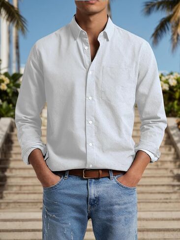 Men's Long Sleeve Button Down Shirt Slim Fit Stretch with Chest Pockets Summer Beach in Saudi Arabia
