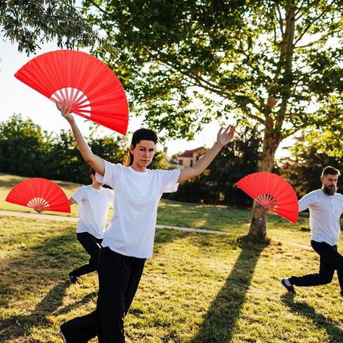Lawei 8 Pack Large Folding Hand Fan, Handheld Folding Chinese Kung Fu Tai Chi Fans, Red Nylon-Cloth Vintage Fabric Fans Renaissance Fan for Women/Men Performance, Dance, Decorations, Festival, 13 in in Saudi Arabia