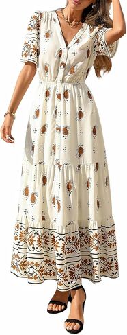 PRETTYGARDEN Womens Summer Boho Maxi Dress 2026 Trendy Short Sleeve V Neck Flowy Beach Floral Dresses with Pockets in Saudi Arabia