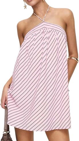 فستان نسائي قصير مخطط برسن للصيف مثير بدون أكمام فساتين لطيفة لقضاء عطلات الشاطئ in Kuwait