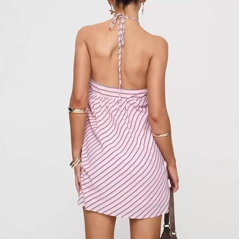 فستان نسائي قصير مخطط برسن للصيف مثير بدون أكمام فساتين لطيفة لقضاء عطلات الشاطئ in Kuwait