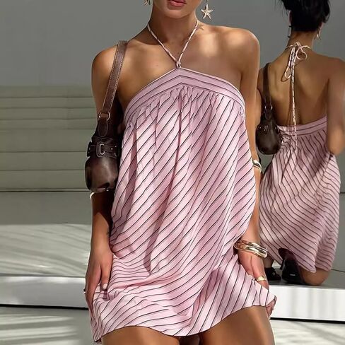 فستان نسائي قصير مخطط برسن للصيف مثير بدون أكمام فساتين لطيفة لقضاء عطلات الشاطئ in Kuwait