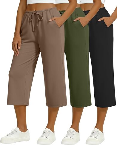 3 Pack Women's Capri Pants Drawstring Yoga Jogger Workout Sweatpants Straight Leg Pajama Trousers with Pockets in Saudi Arabia