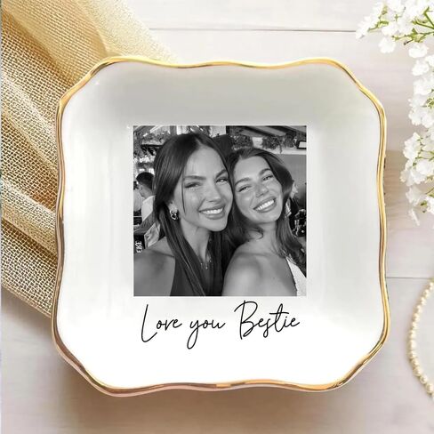 طبق مجوهرات Bestie Photo مخصص، صينية حلية سيراميك مخصصة لأفضل صديق أو أخت، هدية الصداقة للنساء، تذكار عيد الميلاد لعيد الميلاد BFF in Kuwait