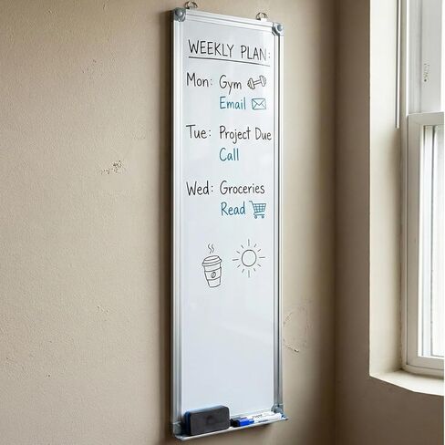 لوحة مسح جافة مغناطيسية مقاس 32 بوصة × 8 بوصة، لوحة بيضاء نحيفة طويلة للجدار، لوحة قائمة مهام عمودية ضيقة ونحيفة لمقصورة المكتب والمطبخ والمنزل، لوحة مذكرة صغيرة محمولة، إطار فضي in Kuwait