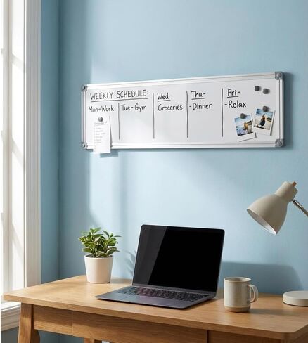 لوحة مسح جافة مغناطيسية مقاس 32 بوصة × 8 بوصة، لوحة بيضاء نحيفة طويلة للجدار، لوحة قائمة مهام عمودية ضيقة ونحيفة لمقصورة المكتب والمطبخ والمنزل، لوحة مذكرة صغيرة محمولة، إطار فضي in Kuwait