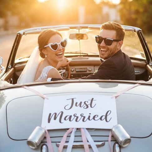 NIMOSA Just Married ديكورات العروس والعريس نظارات شمسية لحفلات الزفاف للمتزوجين فقط ديكورات حفلات الزفاف وإكسسوارات شهر العسل باللونين الأبيض والأسود in Kuwait