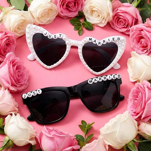 NIMOSA Just Married ديكورات العروس والعريس نظارات شمسية لحفلات الزفاف للمتزوجين فقط ديكورات حفلات الزفاف وإكسسوارات شهر العسل باللونين الأبيض والأسود in Kuwait