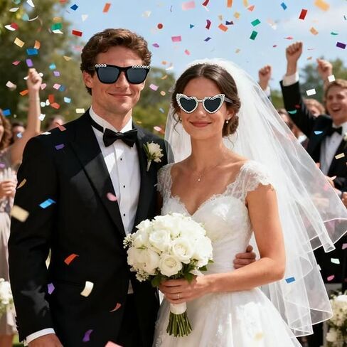 NIMOSA Just Married ديكورات العروس والعريس نظارات شمسية لحفلات الزفاف للمتزوجين فقط ديكورات حفلات الزفاف وإكسسوارات شهر العسل باللونين الأبيض والأسود in Kuwait
