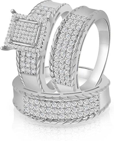 مجموعة خواتم زفاف ثلاثية مطلية بالذهب الأبيض عيار 10 قيراط على شكل نجمة أرجوانية له ولها مجموعة قلب ألماس مستديرة (1/2 قيراط) in Kuwait