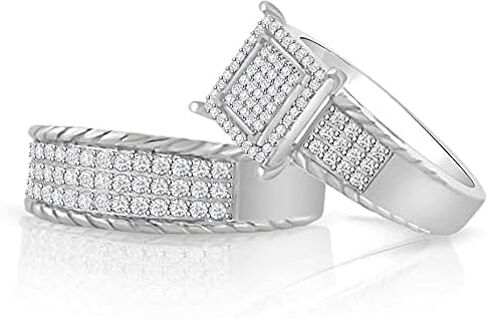 Purple Star 10k White Gold Plated Trio His & Hers Round Diamond Heart Cluster Matching Bridal Wedding Ring Band Set (1/2 Cttw) in Saudi Arabia